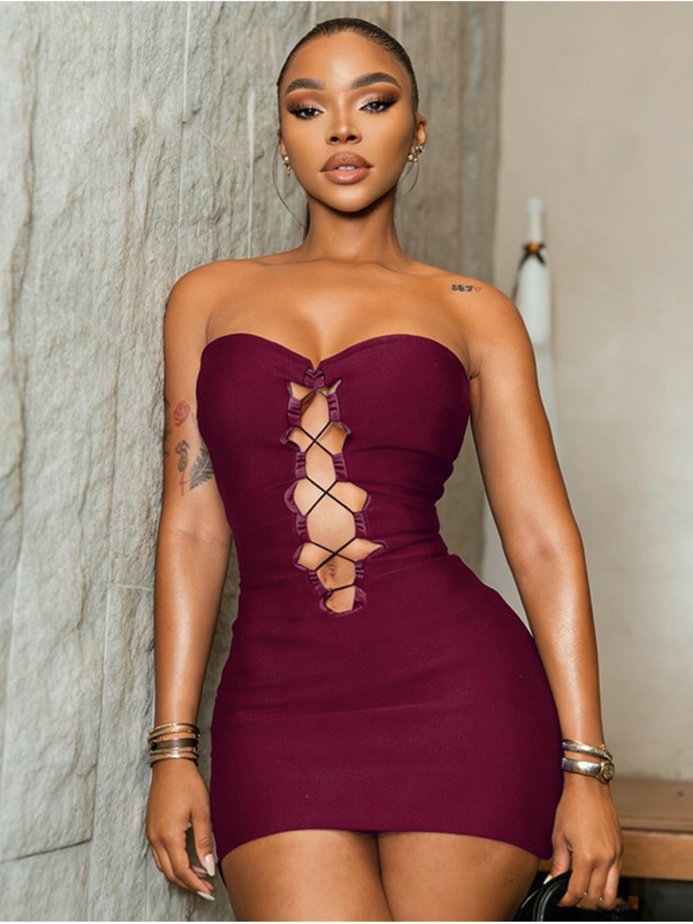 Strapless Burgundy Lace-Up Bodycon Mini Dress
